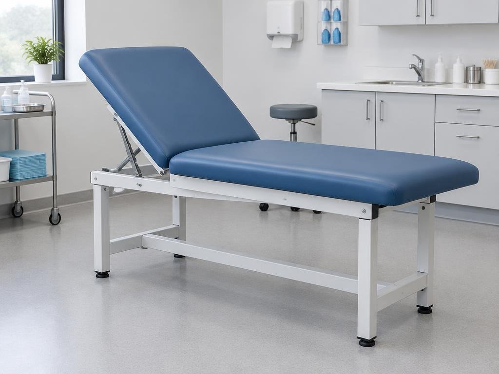 Upholstered examination couch with pillow and paper roll holder in a clean clinic room