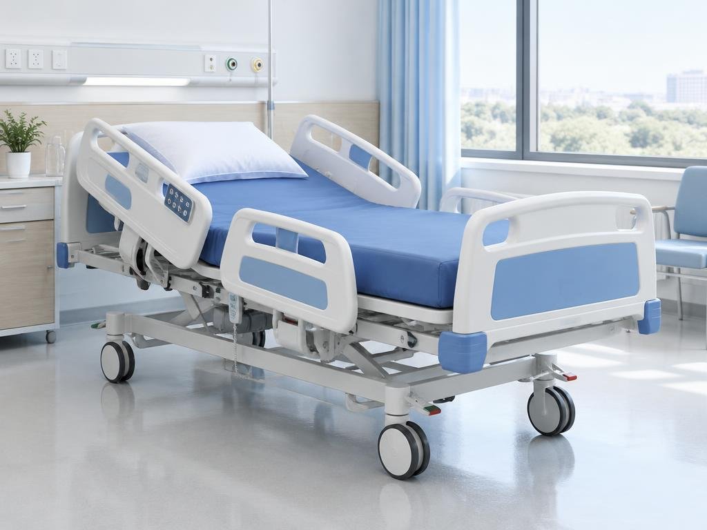 Electric hospital bed with adjustable backrest, side rails and wheels in a bright ward room