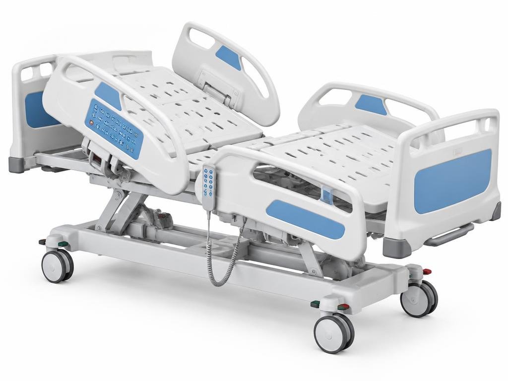 Electric ICU bed with raised side rails, control panel and casters, shown from a three-quarter angle