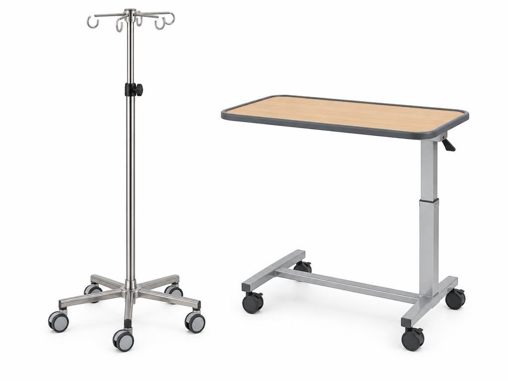 Stainless steel IV stand with four hooks and weighted base standing on a smooth hospital floor