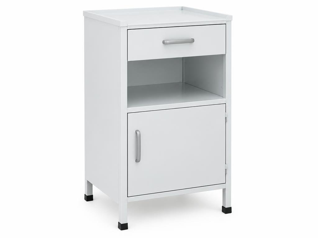 Powder-coated steel bedside locker with drawer and open shelf beside a hospital bed