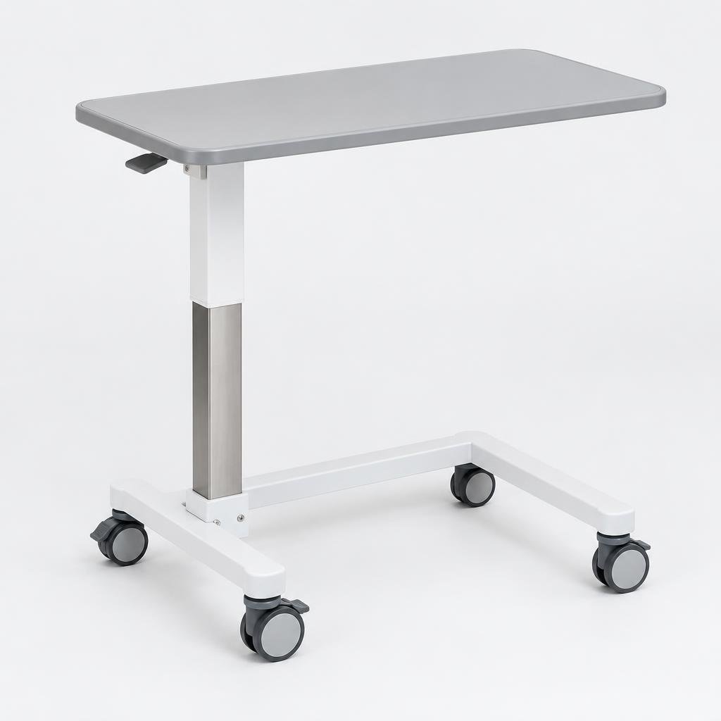 Adjustable overbed table with tilting laminate top on H-leg base positioned over a hospital bed