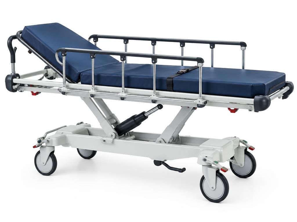 Emergency transport stretcher with safety straps and adjustable height frame on large wheels