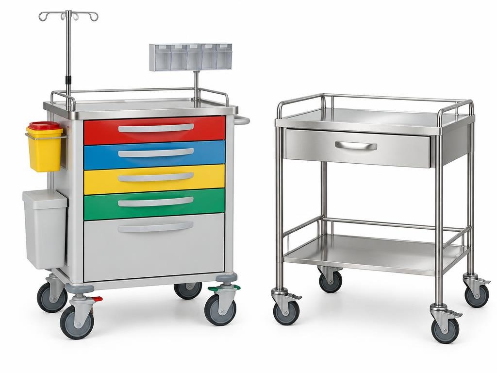 Multi-shelf stainless steel patient trolley with drawers and casters standing in a hospital corridor