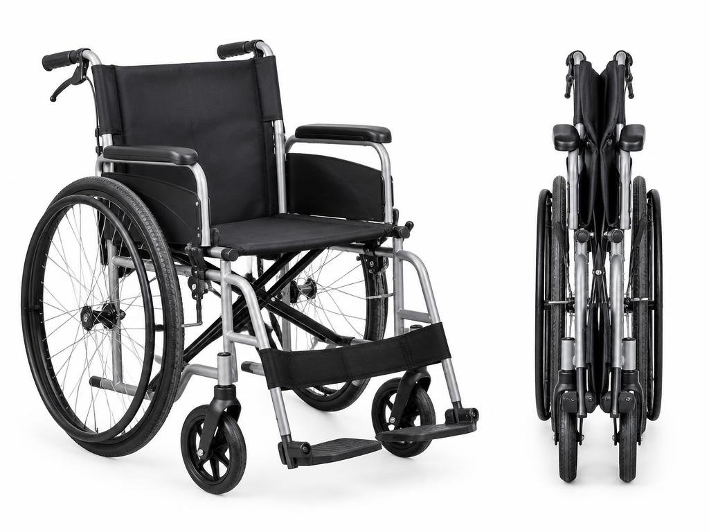 Folding wheelchair with padded seat, armrests and footrests photographed on a plain background
