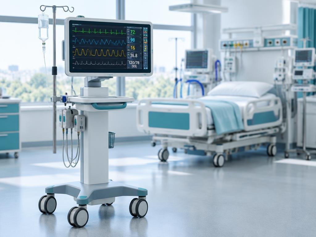 Multiparameter ICU patient monitor on a wheeled stand beside a hospital bed, its screen showing live vital-sign waveforms